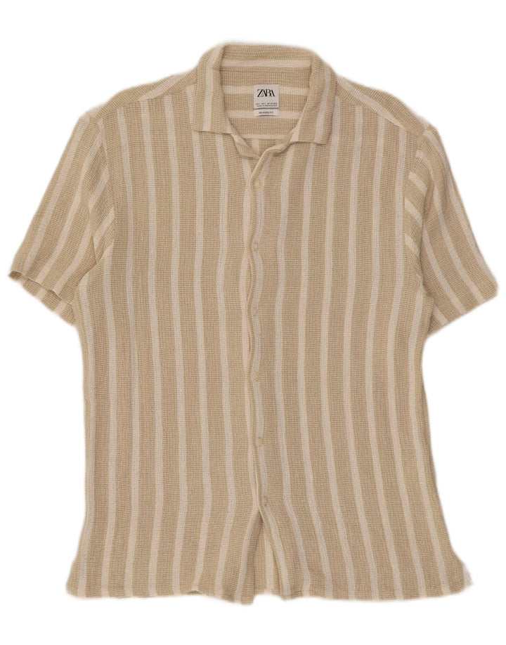 Zara Herre kortærmet Relaxed Fit skjorte Stor beige stribet