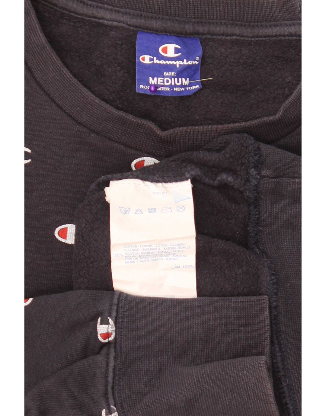 Champion Dame Grafisk Sweatshirt Jumper UK 14 Medium Navyblå Bomuld