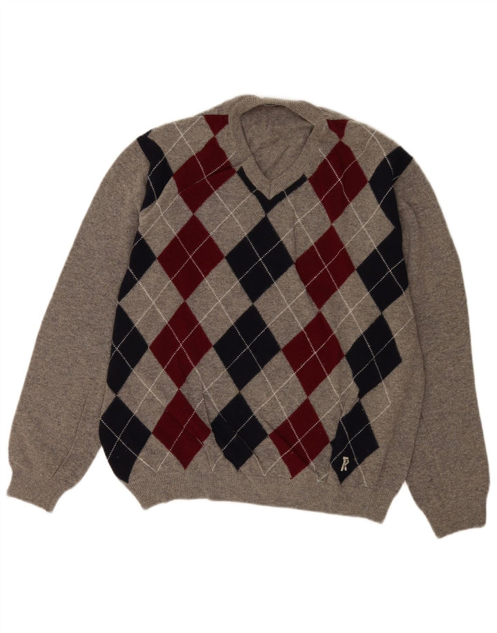 Rifle Herre V-hals trøje Sweater Stor Grå Argyle/Diamond Wool