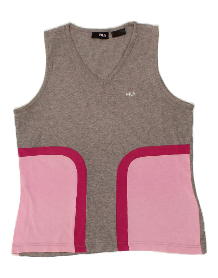 FILA Womens Vest Top UK 12 Medium Grey Colourblock Cotton Vintage Fila and Second-Hand Fila from Messina Hembry 