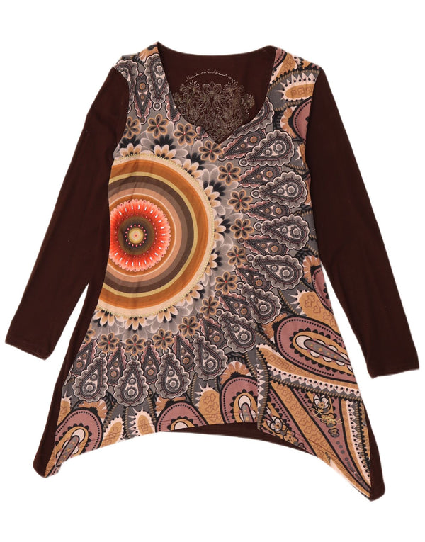 Desigual Womens Long Sleeve Asymmetric Tunic Top UK 14 Large Brown Floral