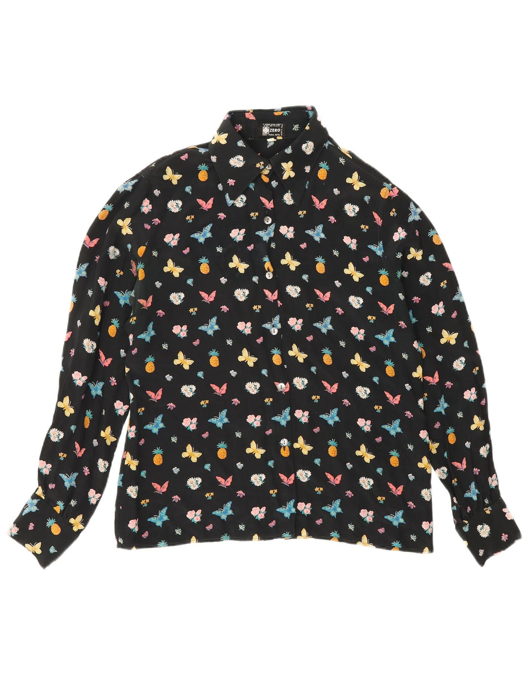 Zero Womens grafisk skjorte bluse IT 46 Stor sort blomster silke sommerfugl