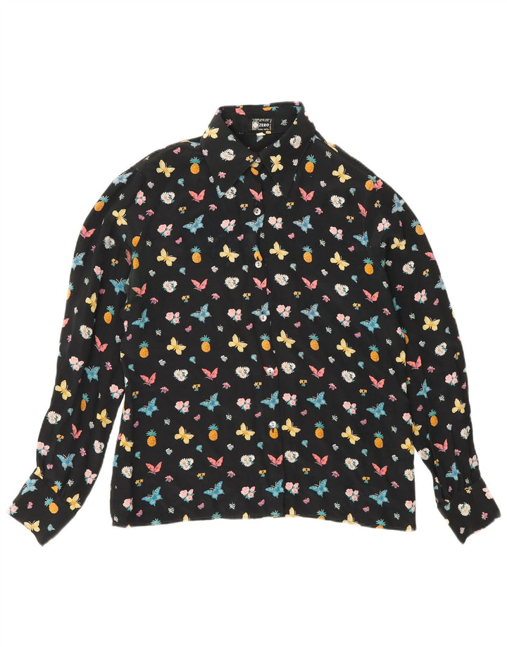 Zero Womens grafisk skjorte bluse IT 46 Stor sort blomster silke sommerfugl