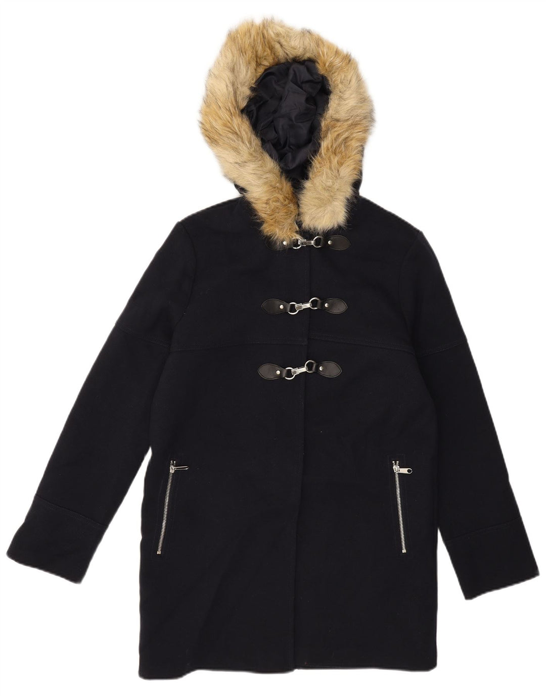 TOPSHOP Womens Hooded Duffle Coat UK 10 Small  Navy Blue Modacryl