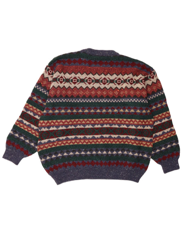 Vintage herre sweater med rund hals XL flerfarvet geometrisk uld
