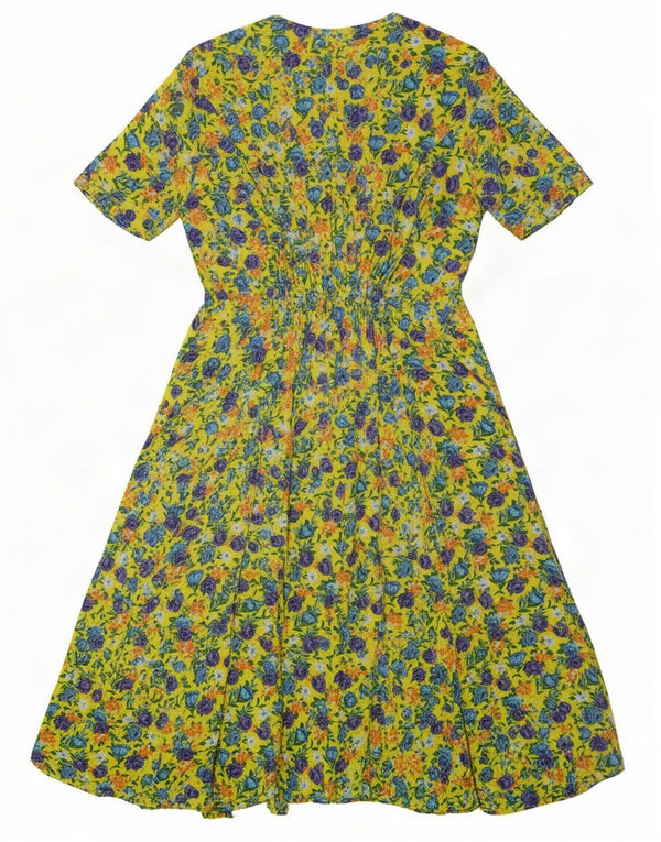 Vintage Kvinders Regular A-Line Kjole UK 12 Medium Yellow Floral Retro