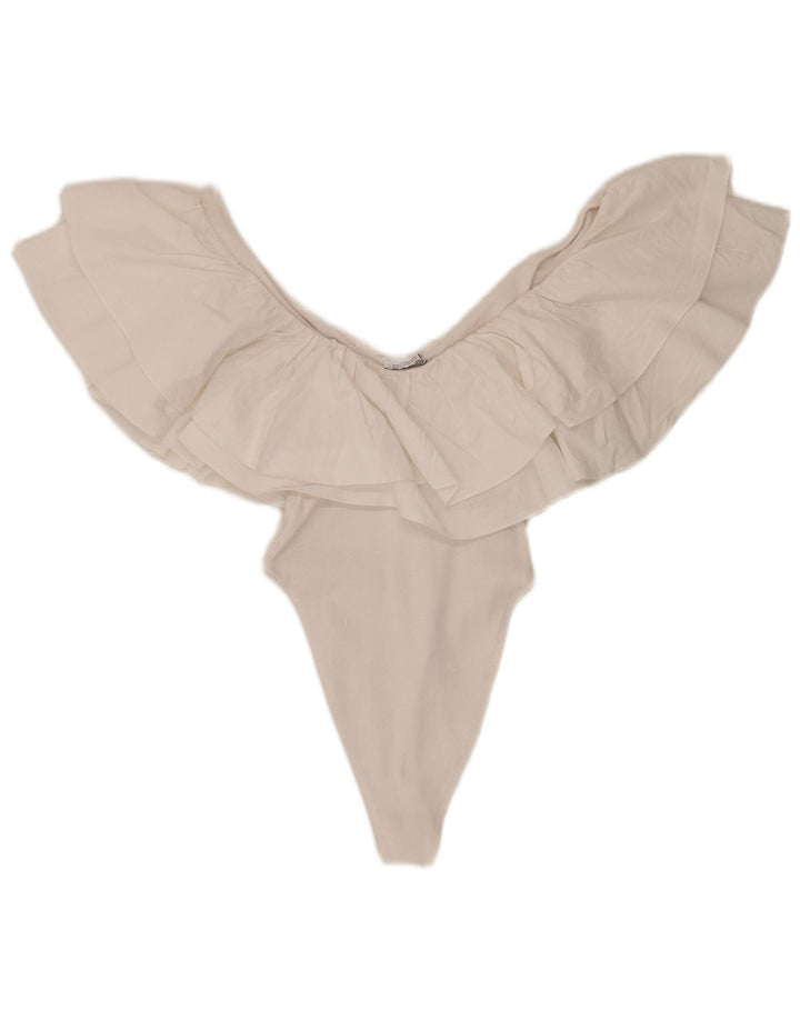 Zara Womens Ruffle Bodysuit UK 8 Small White Bomuld