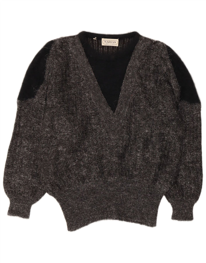 VINTAGE Dame V-hals sweater IT 44 Medium Grey Colourblock