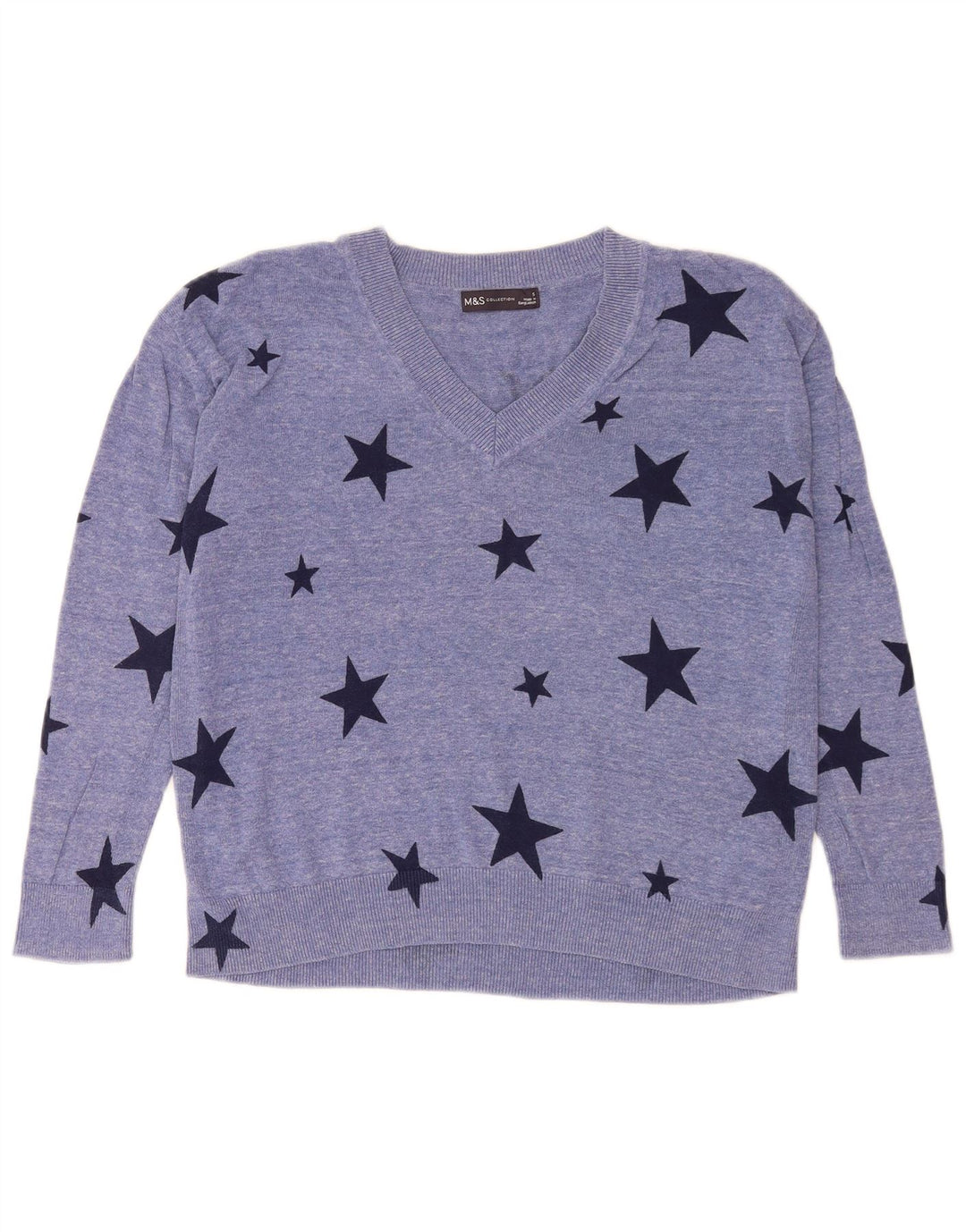 Marks & Spencer Dame grafisk V-hals sweater UK 10 Small Blue