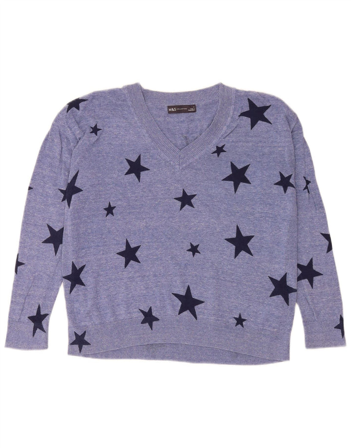 Marks & Spencer Dame grafisk V-hals sweater UK 10 Small Blue