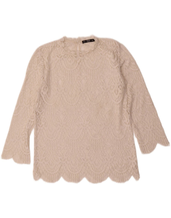 Zara Dame se Gennem 3/4 ærmet bluse Top UK 10 Small White Paisley