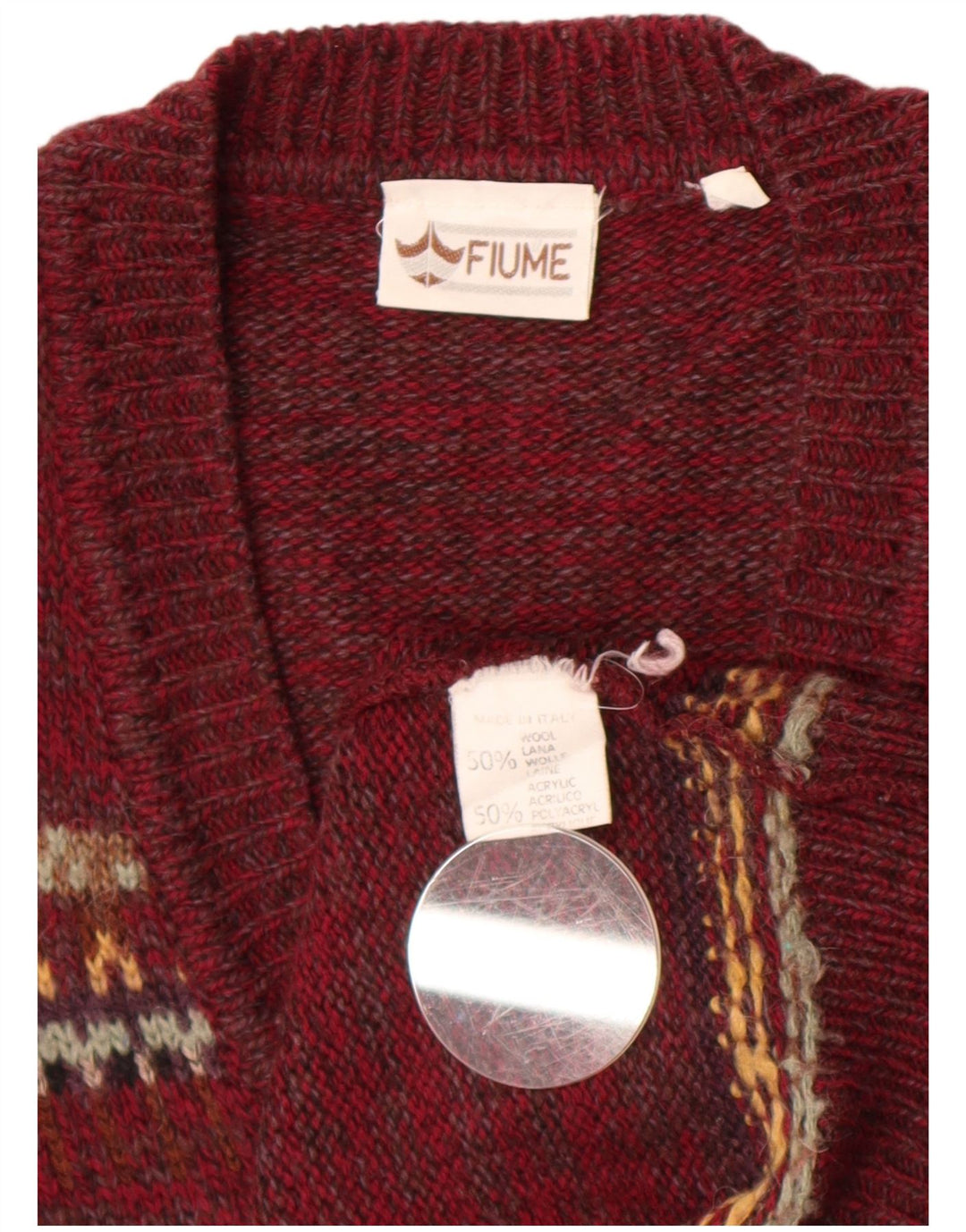 Fiume Herre V-hals sweater Large Burgundy Fair Isle Wool