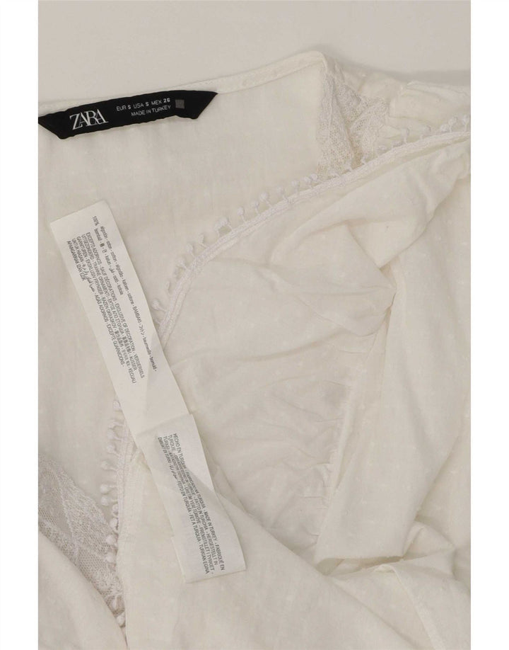 Zara Dame Flæse Front Langærmet Bluse Top UK 10 Small White Bomuld