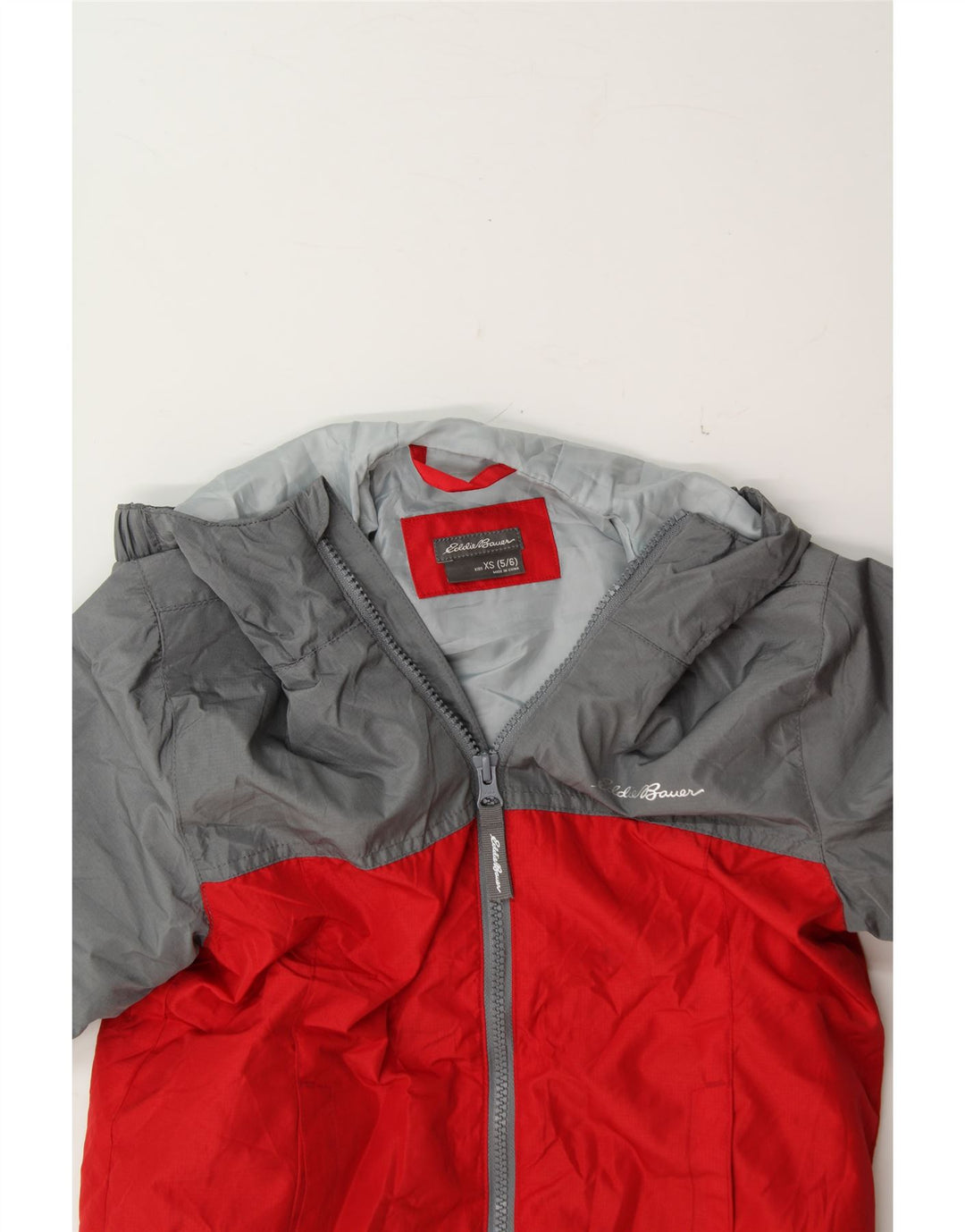 EDDIE BAUER Boys Hooded Rain Jacket 5-6 Years XS Red Colourblock Polyester Vintage Eddie Bauer and Second-Hand Eddie Bauer from Messina Hembry 