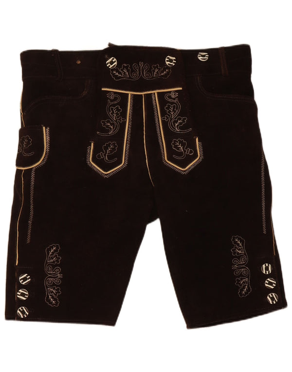 Landhaus Mens Trachten Graphic Suede Shorts Medium W36 Brown Leather