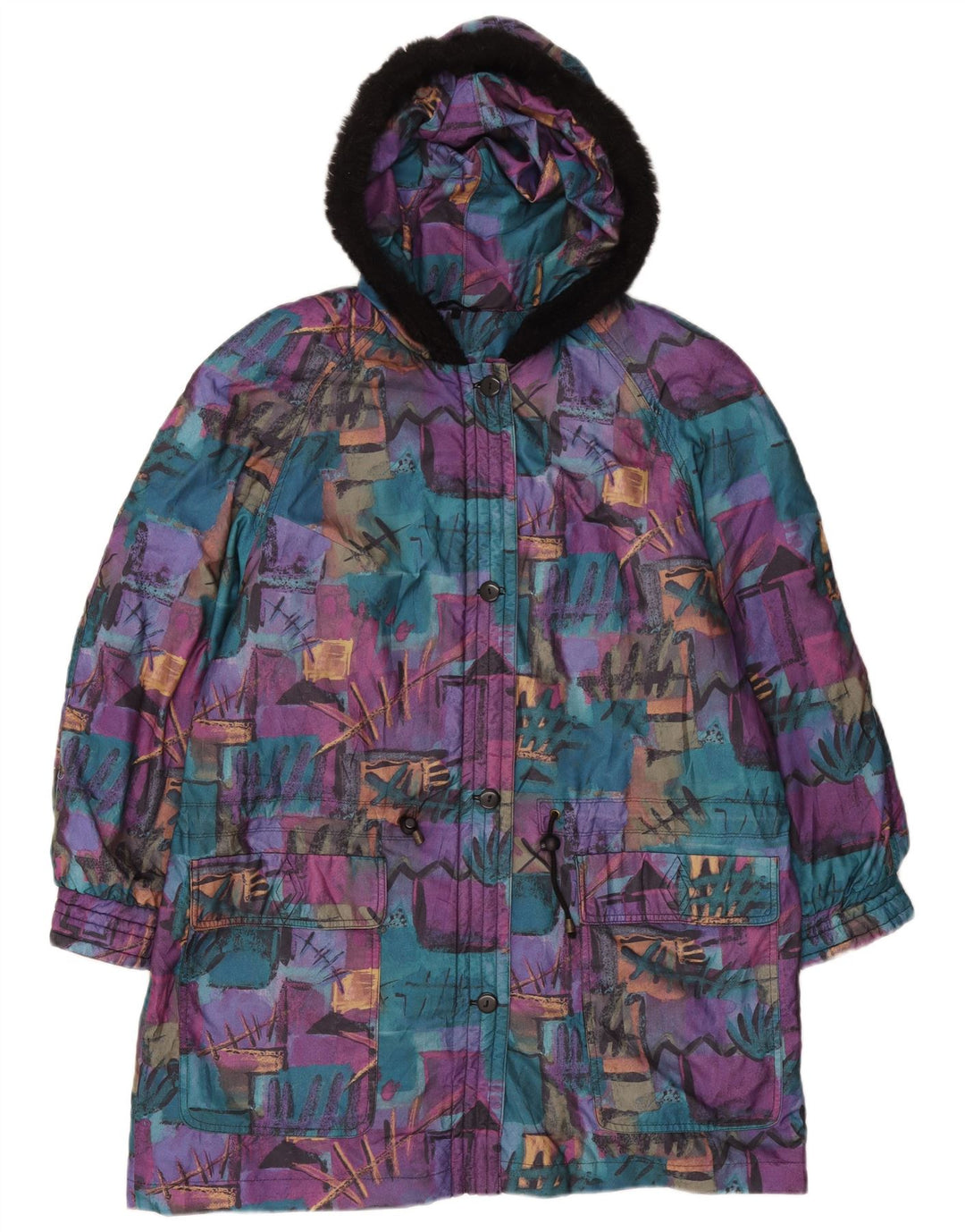 Vintage kvinders oversize abstrakt mønster vindjakke frakke UK 18 XL lilla