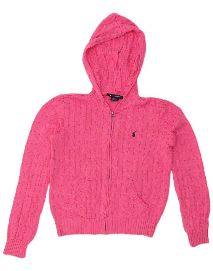 Ralph Lauren Dame Hooded Crop Cardigan Sweater UK 16 Large Pink Bomuld