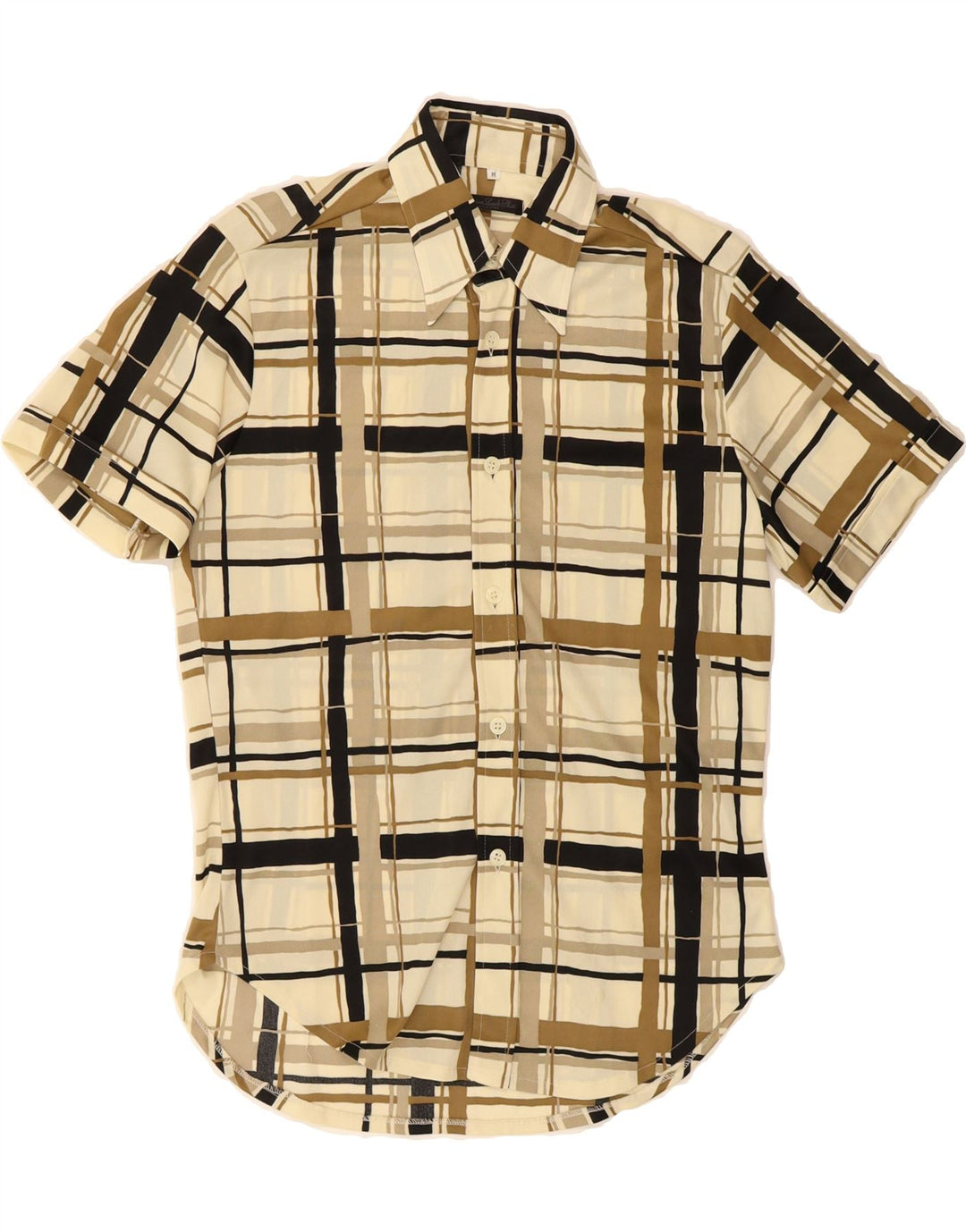 VINTAGE Mens Short Sleeve Shirt Medium Beige Check Polyester Vintage Vintage and Second-Hand Vintage from Messina Hembry 