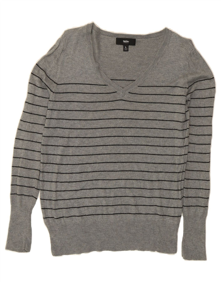 MOSSIMO Womens V-Neck Jumper Sweater UK 16 Large Grey Striped Nylon Vintage Mossimo and Second-Hand Mossimo from Messina Hembry 