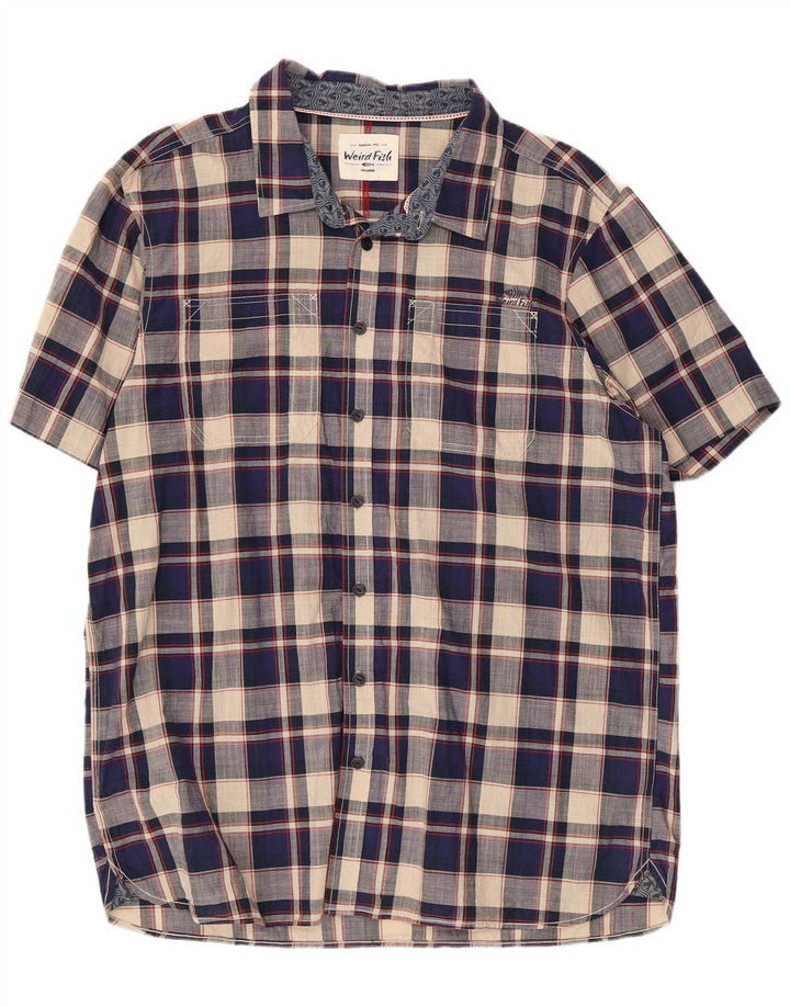 WEIRD FISH Mens Short Sleeve Shirt 2XL Navy Blue Check Cotton