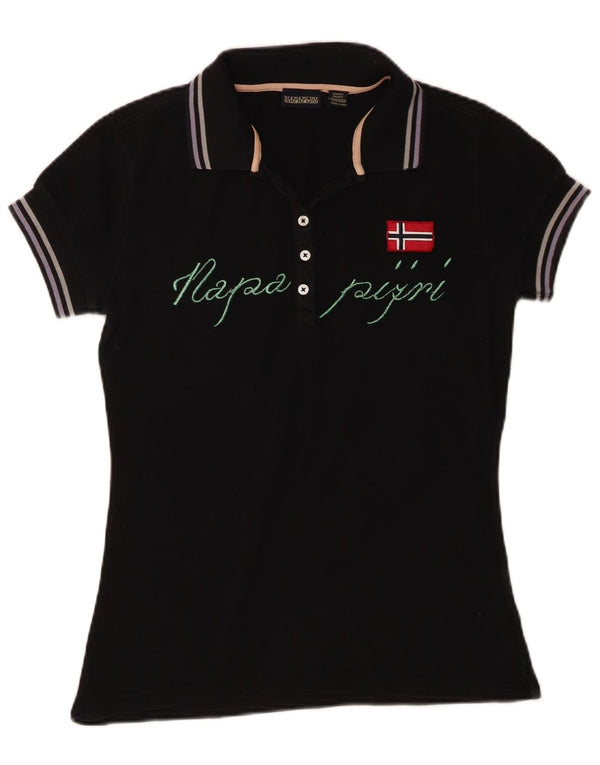 Napapijri Womens Graphic Polo Shirt UK 12 Medium Black Cotton