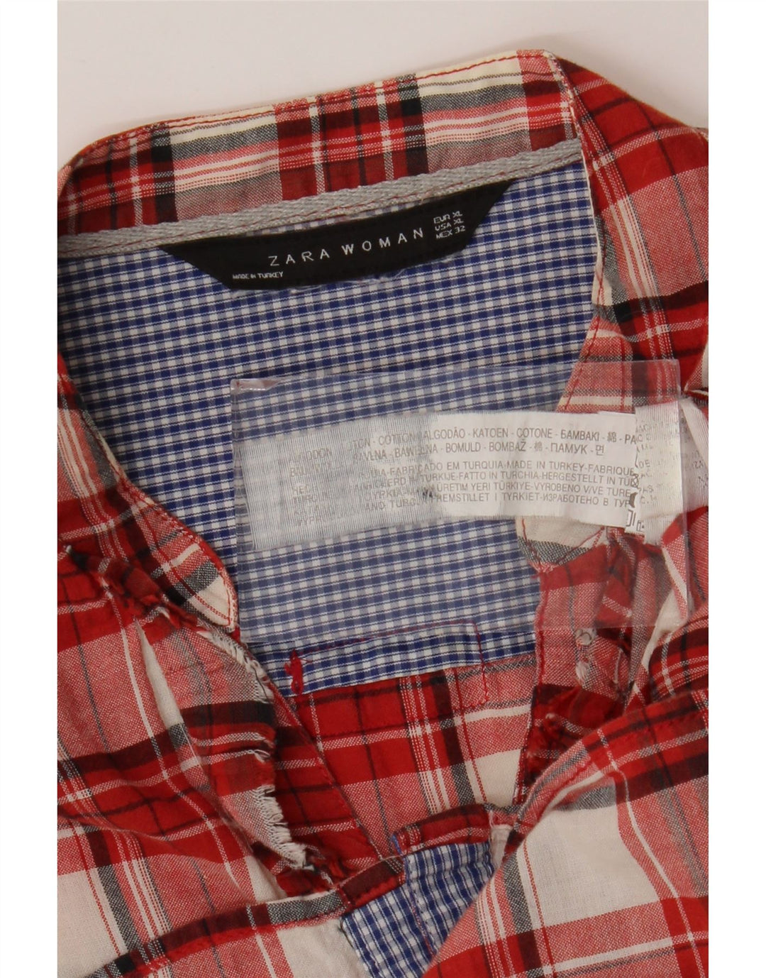 Zara Dame Flæse Front Shirt UK 18 XL Rød Ternet Bomuld