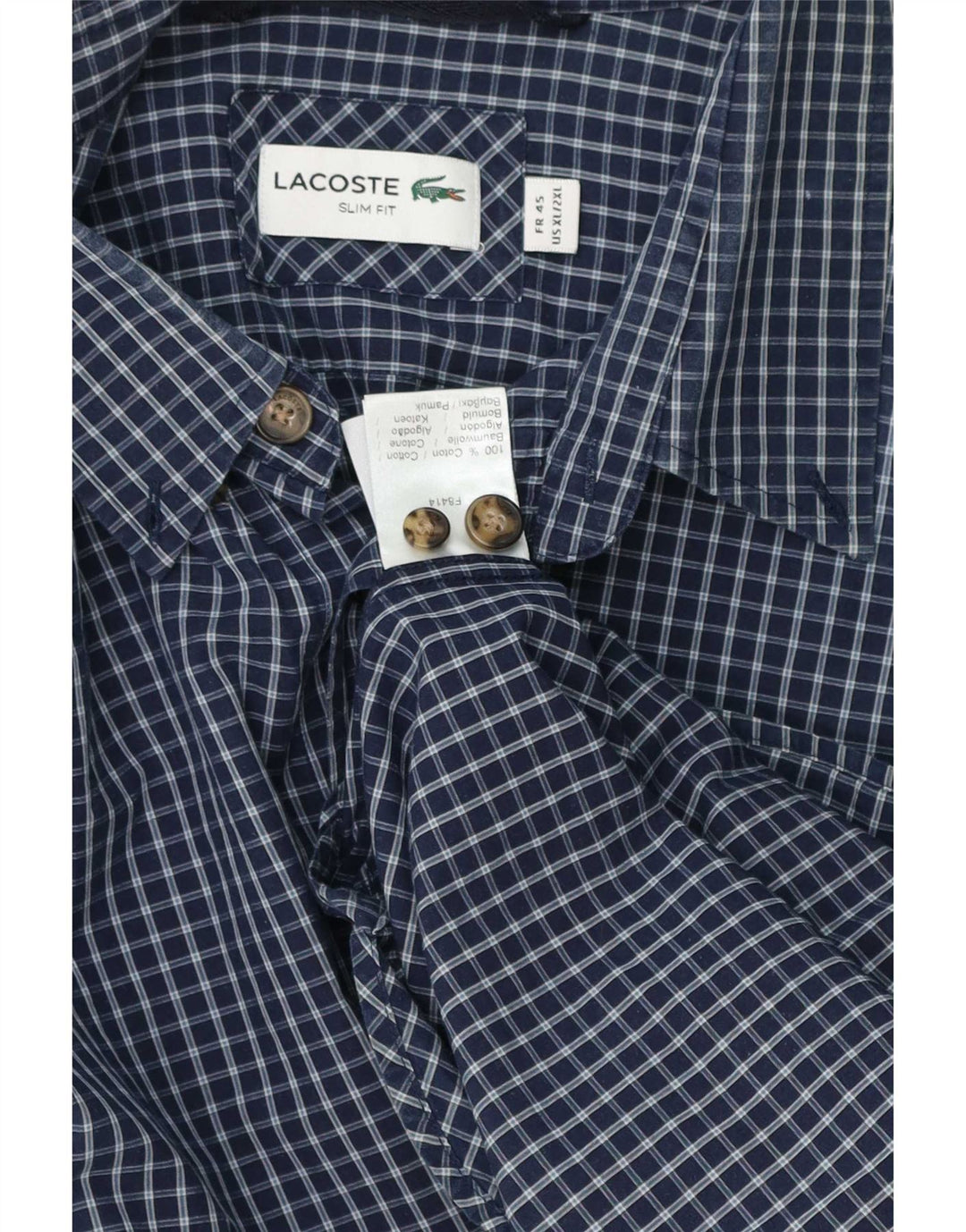Lacoste Herre Slim Fit Skjorte Størrelse 45 2XL Marineblå ternet bomuld