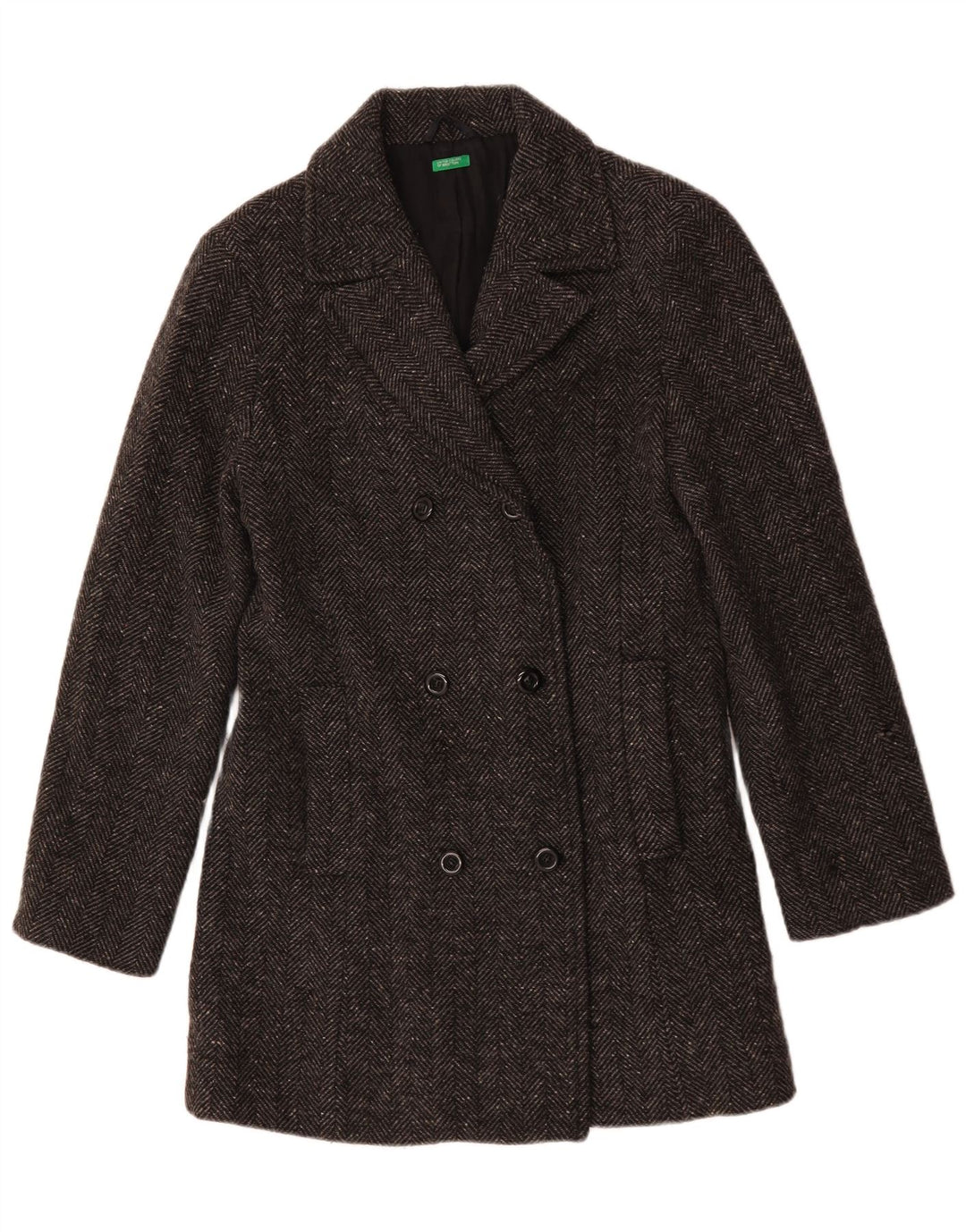 Benetton Womens Pea Coat UK 14 Medium Grey Herringbone
