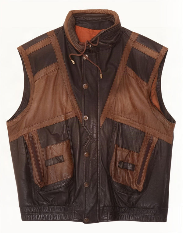 Vintage Herre Læder Gilet IT 56 3XL Brun Colourblock