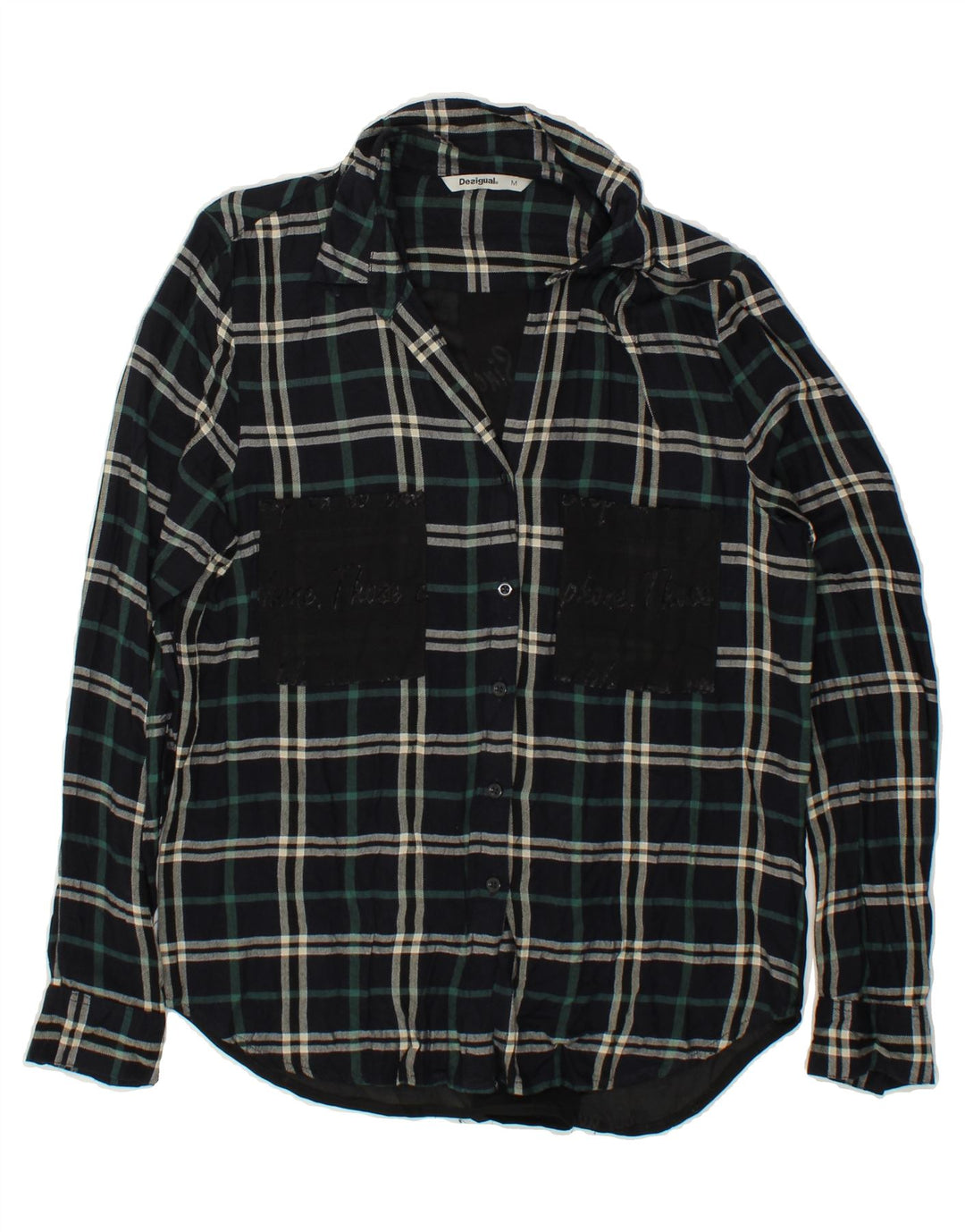 DESIGUAL Womens Graphic Flannel Shirt UK 12 Medium Green Check Viscose Vintage Desigual and Second-Hand Desigual from Messina Hembry 