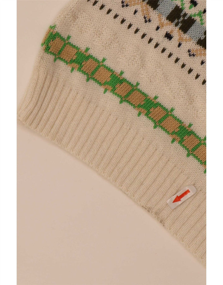 Vintage herre V-hals sweater Medium hvid geometrisk bomuld
