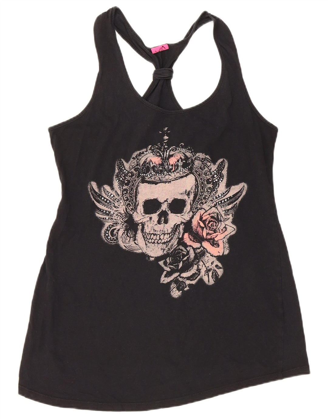 VINTAGE Kvinders Grafisk Vest Top UK 12 Medium Sort Bomuld