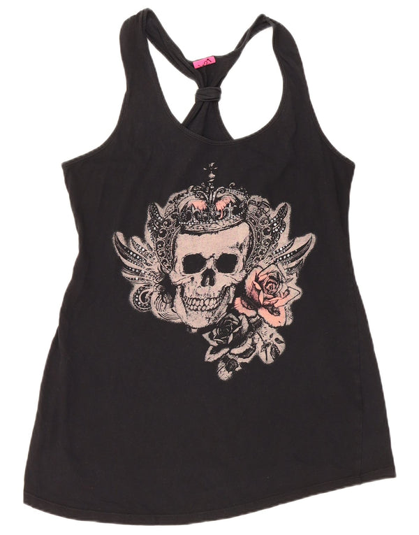 VINTAGE Kvinders Grafisk Vest Top UK 12 Medium Sort Bomuld
