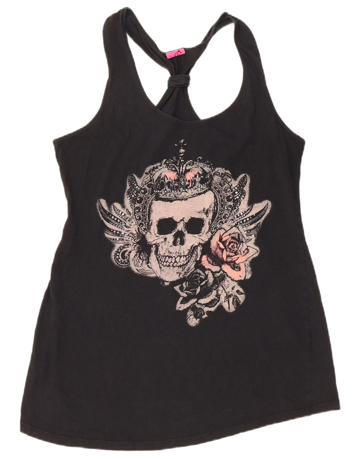 VINTAGE Kvinders Grafisk Vest Top UK 12 Medium Sort Bomuld