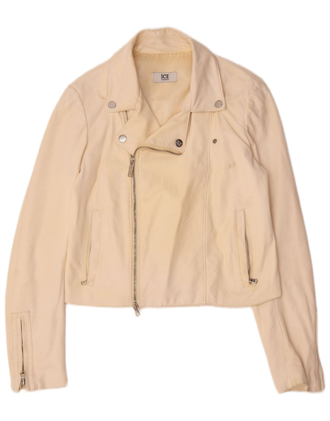 Iceberg Dame Læder Biker Jacket UK 14 Medium Off White Læder