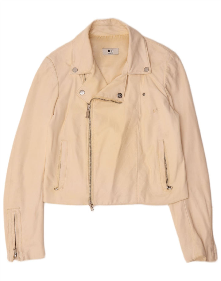 Iceberg Dame Læder Biker Jacket UK 14 Medium Off White Læder