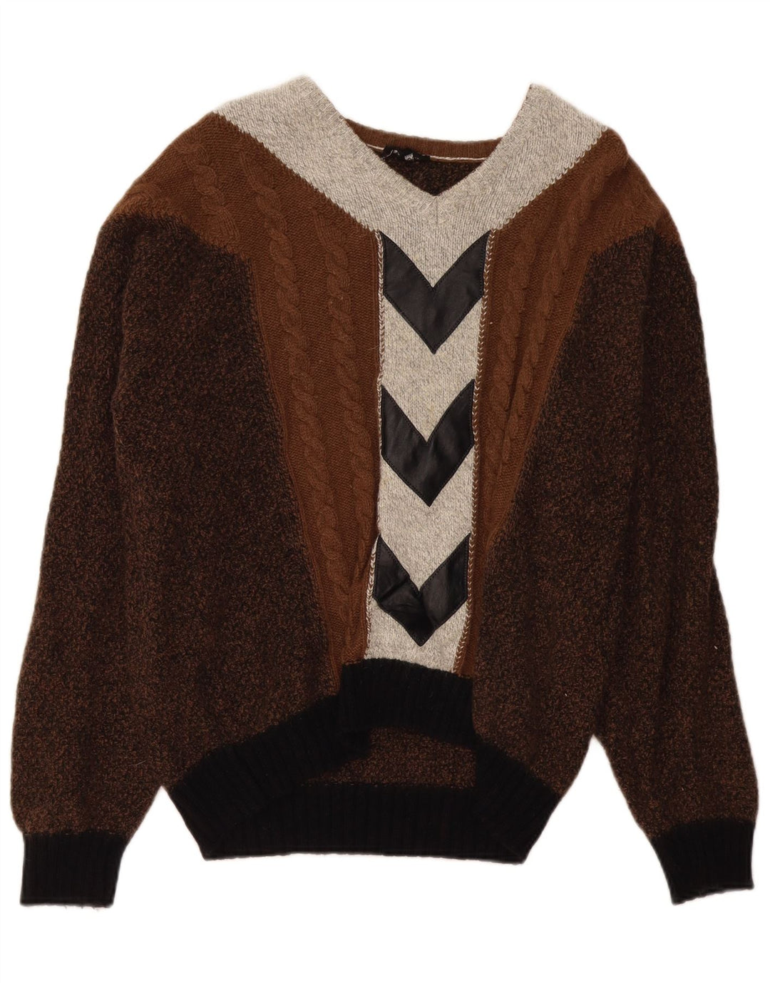 VINTAGE Herre V-hals sweater Stor Brun Colourblock