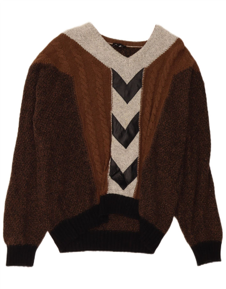VINTAGE Herre V-hals sweater Stor Brun Colourblock