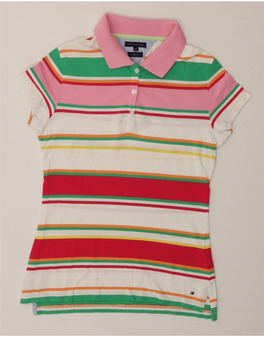 TOMMY HILFIGER Womens Polo Shirt UK 12 Medium Multicoloured Striped Vintage Tommy Hilfiger and Second-Hand Tommy Hilfiger from Messina Hembry 