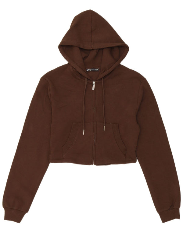 Zara Womens Crop Zip Hoodie Sweater UK 12 Medium Brown Cotton