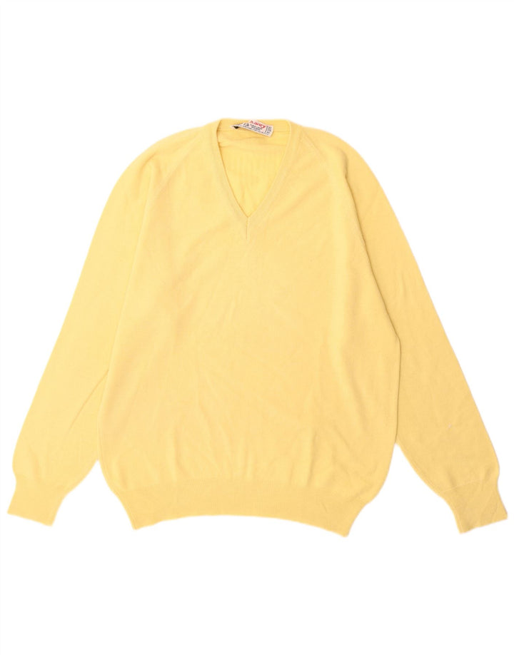Vintage Herre V-hals sweater Stor Gul Virgin Wool