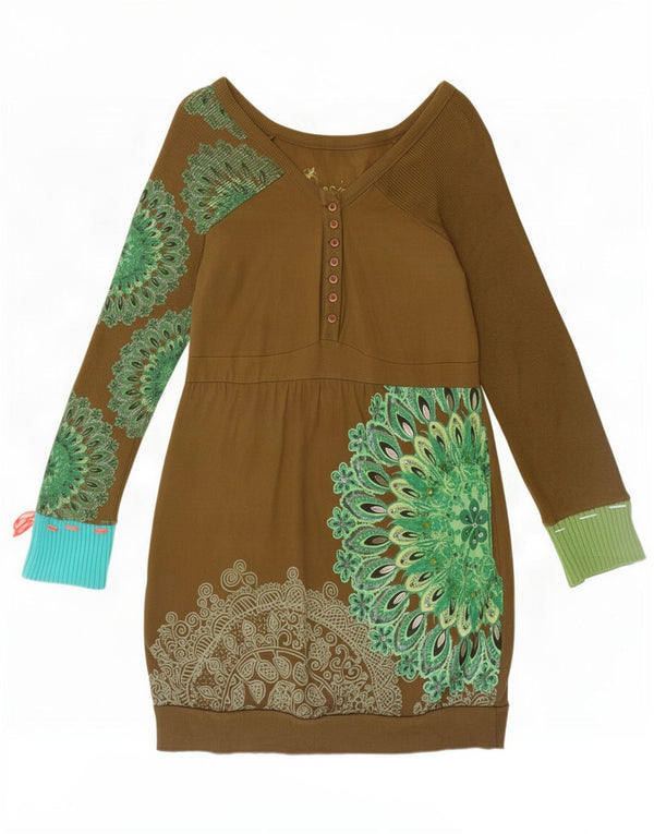Desigual Dame Langærmet Skede Kjole UK 18 XL Khaki Blomster Bomuld