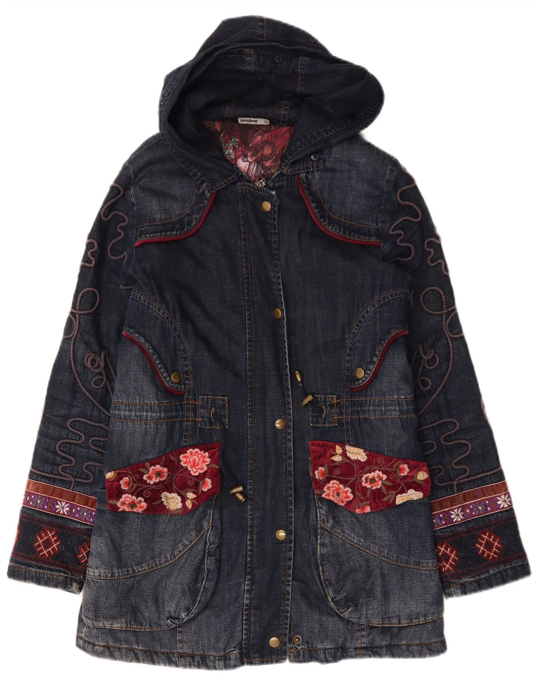 Desigual Dame Oversized grafisk denim frakke EU 36 Small Navy Blue Floral