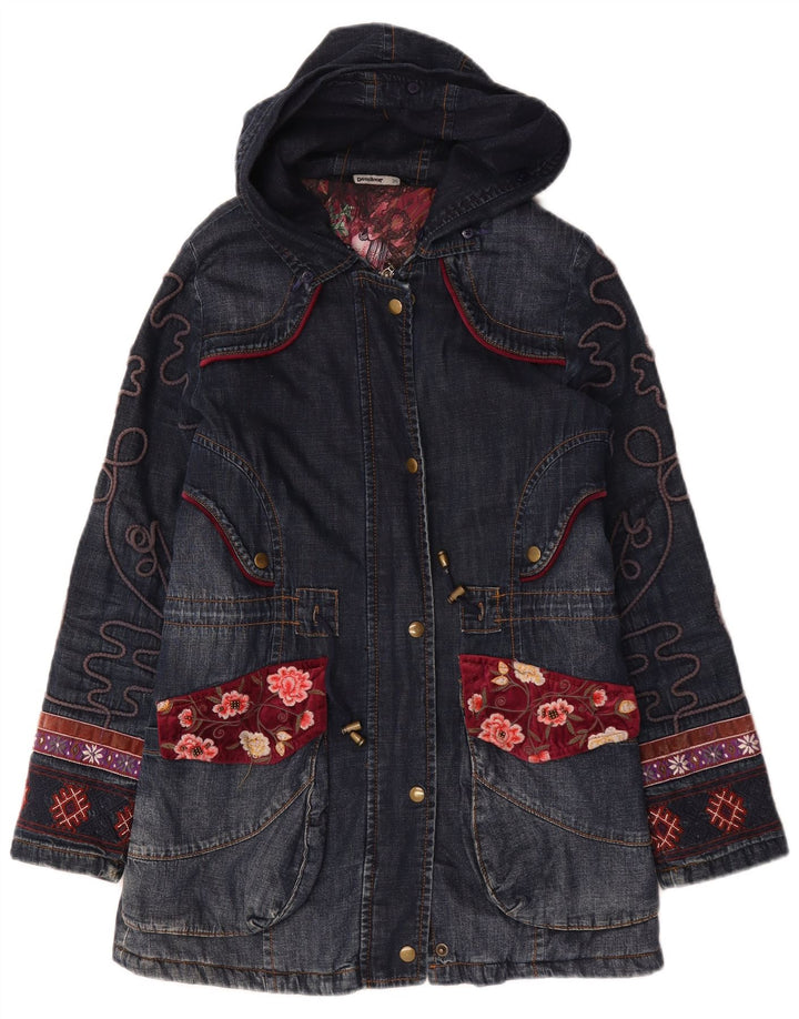 Desigual Dame Oversized grafisk denim frakke EU 36 Small Navy Blue Floral