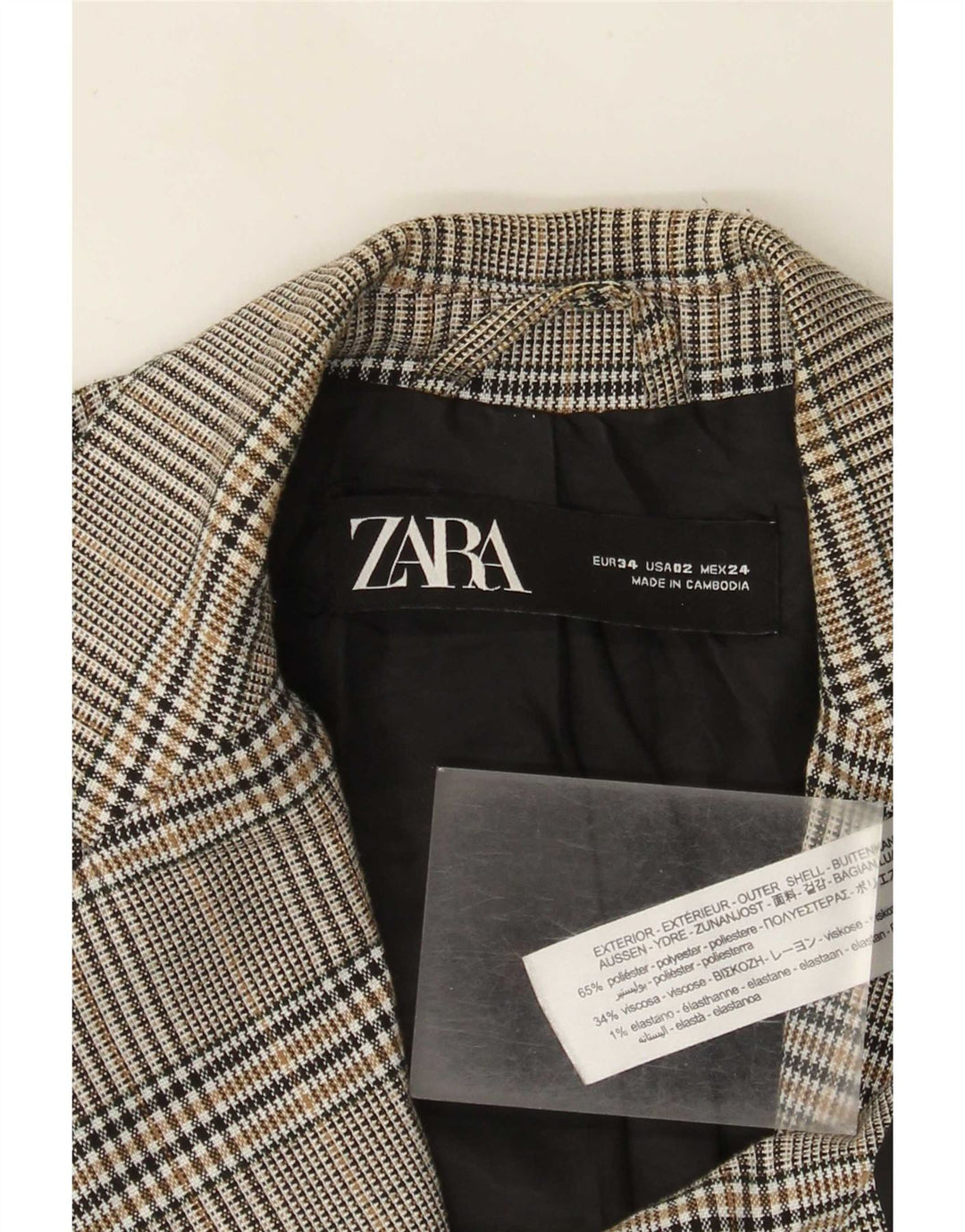 Zara Dame 1-knaps blazerjakke EU 34 2XS Grå ternet polyester