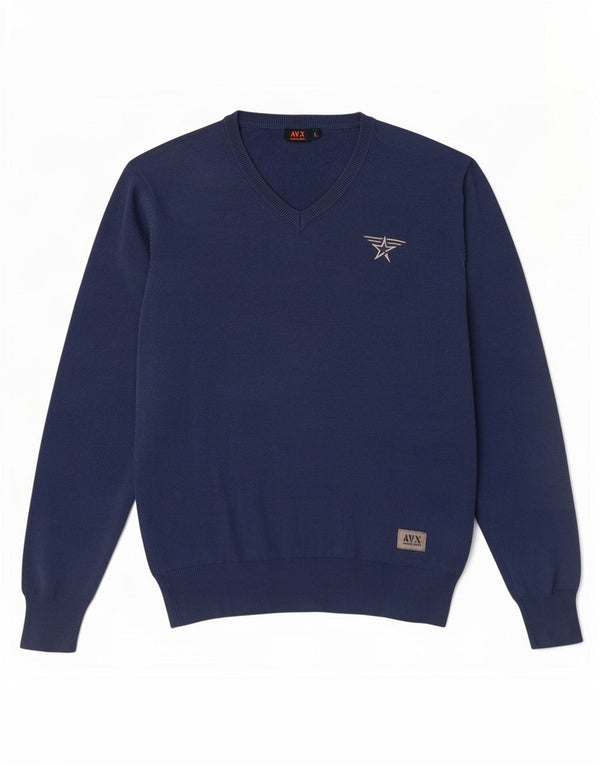 Avirex Mens V-Neck Jumper Sweater Large Blue Cotton