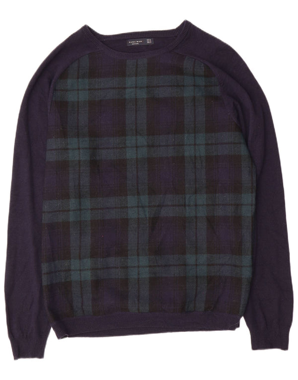 ZARA Herre Boat Neck Jumper Sweater XL Navy Blue Check