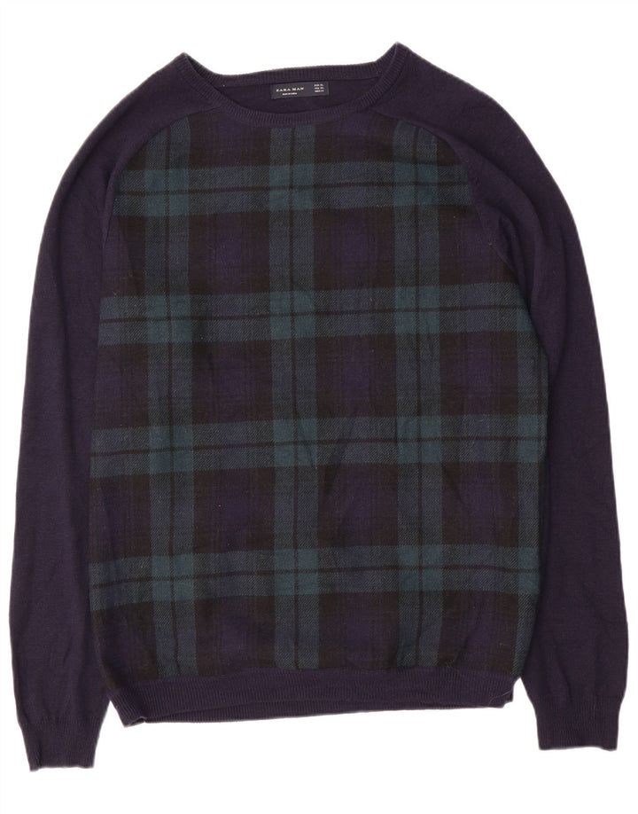 ZARA Herre Boat Neck Jumper Sweater XL Navy Blue Check