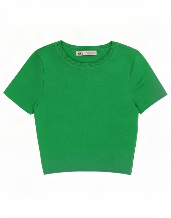 Zara Womens Crop Bluse Top UK 8 Small Green Viscose