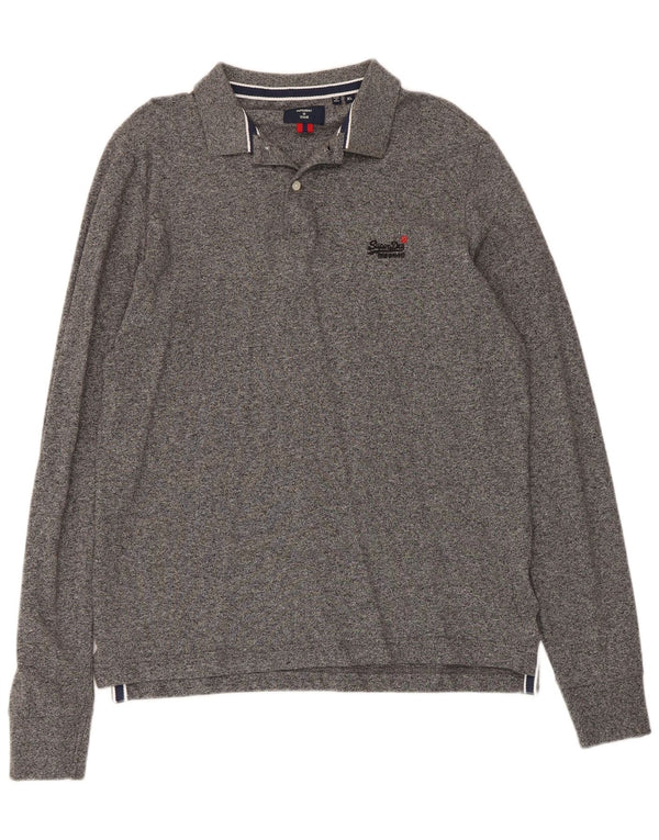 Superdry Langærmet Polo Shirt til mænd XL Grå Flecked Bomuld